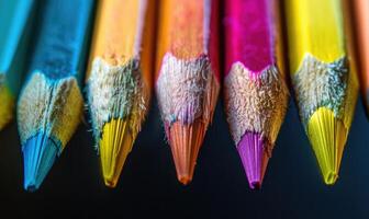 Close-up of a bunch of colored pencils, abstract background with colored pencils macro view photo