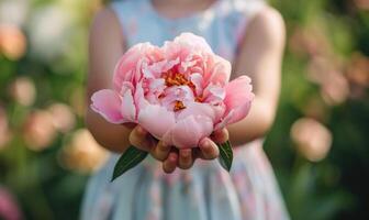 Close-up of a peony flower being held by a child in a garden photo