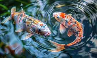 Close-up of a pair of koi fish swimming in a pond photo