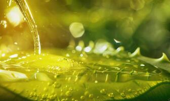 Close-up of aloe vera gel being extracted and blended with botanical oils and essences photo