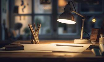 Graphite pencils and white paper illuminated by the soft glow of a desk lamp photo