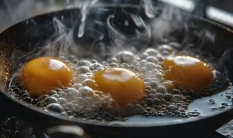 huevos fritura en un candente cacerola, cerca arriba foto