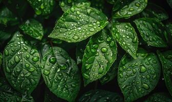 Close-up of raindrops clinging to vibrant green leaves in a lush garden photo