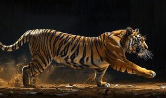un indochino Tigre capturado en movimiento en contra un estudio fondo, Tigre en negro antecedentes foto