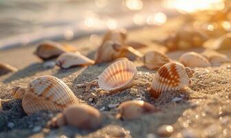 Close-up of seashells scattered along the sandy shore photo