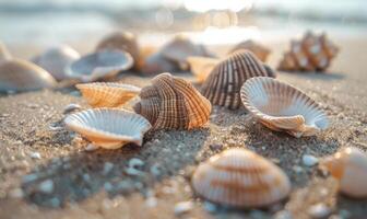 Close-up of seashells scattered along the sandy shore photo