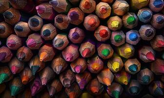 Close-up of a bunch of colored pencils, abstract background with colored pencils macro view photo