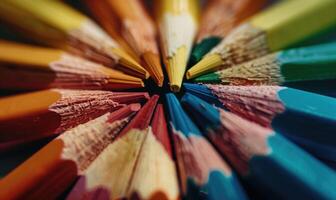 de cerca de un manojo de de colores lápices, resumen antecedentes con de colores lapices macro ver foto