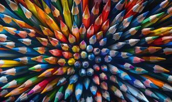 Colored pencils arranged in a circular pattern photo