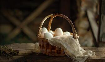 Eggs arranged in a wicker basket photo