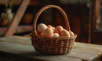 Eggs arranged in a wicker basket photo