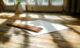 Graphite pencils and white paper illuminated by natural through a window photo