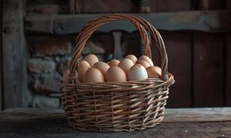 Eggs arranged in a wicker basket photo