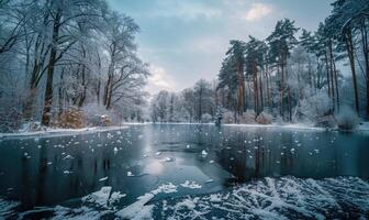 A winter landscape with a frozen lake and snow-covered pine forest photo