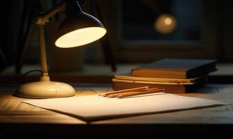 Graphite pencils and white paper illuminated by the soft glow of a desk lamp photo