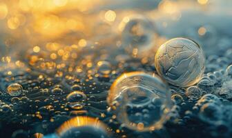 Close-up of frozen bubbles trapped beneath the surface of a lake photo