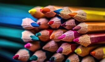 Close-up of a bunch of colored pencils, abstract background with colored pencils macro view photo