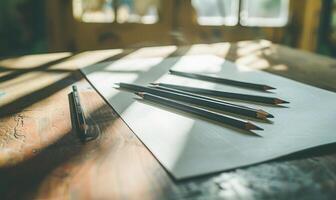 Graphite pencils and white paper illuminated by natural through a window photo