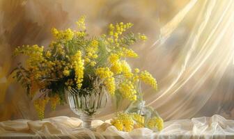 Bouquet of blooming Mimosa branches in glass vase photo