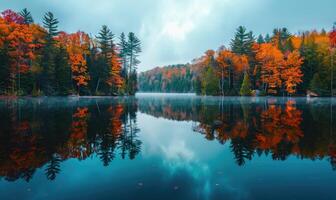 otoño follaje reflejado en el calma aguas de el lago, naturaleza antecedentes foto