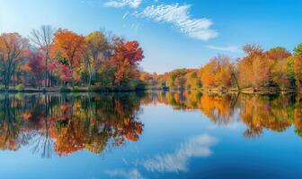 Autumn foliage reflected in the calm waters of the lake, nature background photo