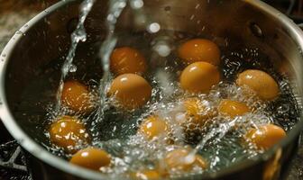 Eggs boiling in a pot of water, closeup view photo