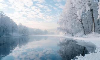 un invierno paisaje con un congelado lago y cubierto de nieve bosque foto