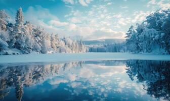 A winter landscape with a frozen lake and snow-covered forest photo