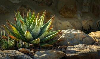 un áloe vera planta floreciente en un Desierto jardín foto