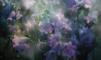 Bellflowers swaying in the breeze, closeup view, soft focus, bokeh photo