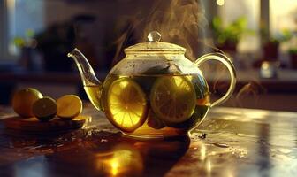 Bergamot tea brewing in a glass teapot photo