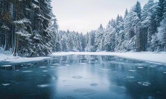 A winter landscape with a frozen lake and snow-covered pine forest photo