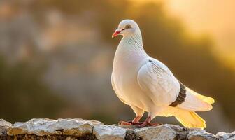 Close-up of a majestic white pigeon perched on a stone ledge photo