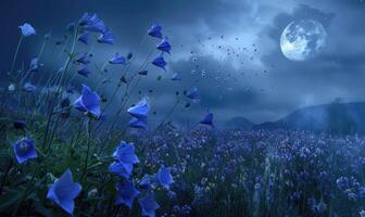 Bellflowers in a meadow under the moonlight, closeup view photo