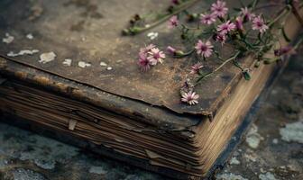 Close-up of a weathered old book with wildflowers growing from its spine photo