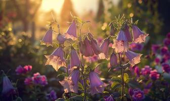Bellflowers blooming in a cottage garden, closeup view, soft focus photo