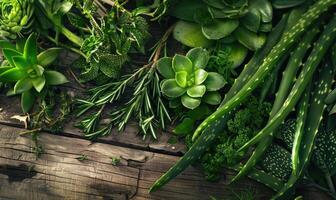 Close-up of aloe vera leaves and fresh herbs arranged on a wooden table photo