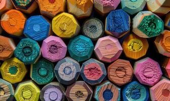 Close-up of a bunch of colored pencils, abstract background with colored pencils macro view photo