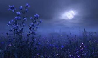 Bellflowers in a meadow under the moonlight, closeup view photo