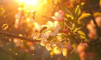 Bees buzzing around a blossoming apple tree, sunset light, closeup view, soft focus photo