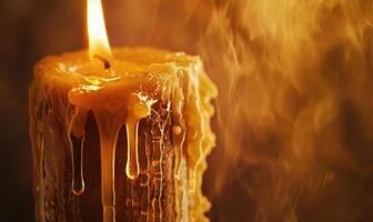 Close-up of a melting candle with wax dripping down the side photo