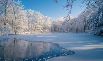 A winter landscape with a frozen lake and snow-covered forest photo