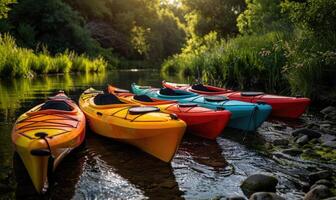 un grupo de vistoso kayaks a la deriva abajo un primavera río foto