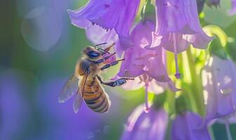 Bee collecting nectar from a bellflower, closeup view, selective focus photo