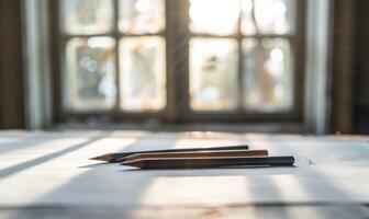 Graphite pencils and white paper illuminated by natural through a window photo