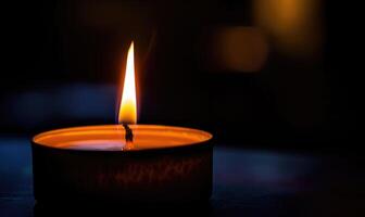 Close-up of a candle's gentle flicker illuminating a serene setting photo