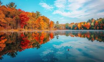 otoño follaje reflejado en el calma aguas de el lago, naturaleza antecedentes foto