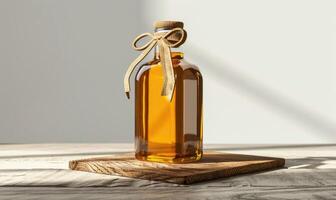 Amber glass bottle mockup containing premium organic oil, beauty care produce background photo