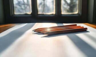 Graphite pencils and white paper illuminated by natural through a window photo