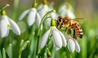 Bee gathering nectar from snowdrop flowers, closeup view, selective focus photo